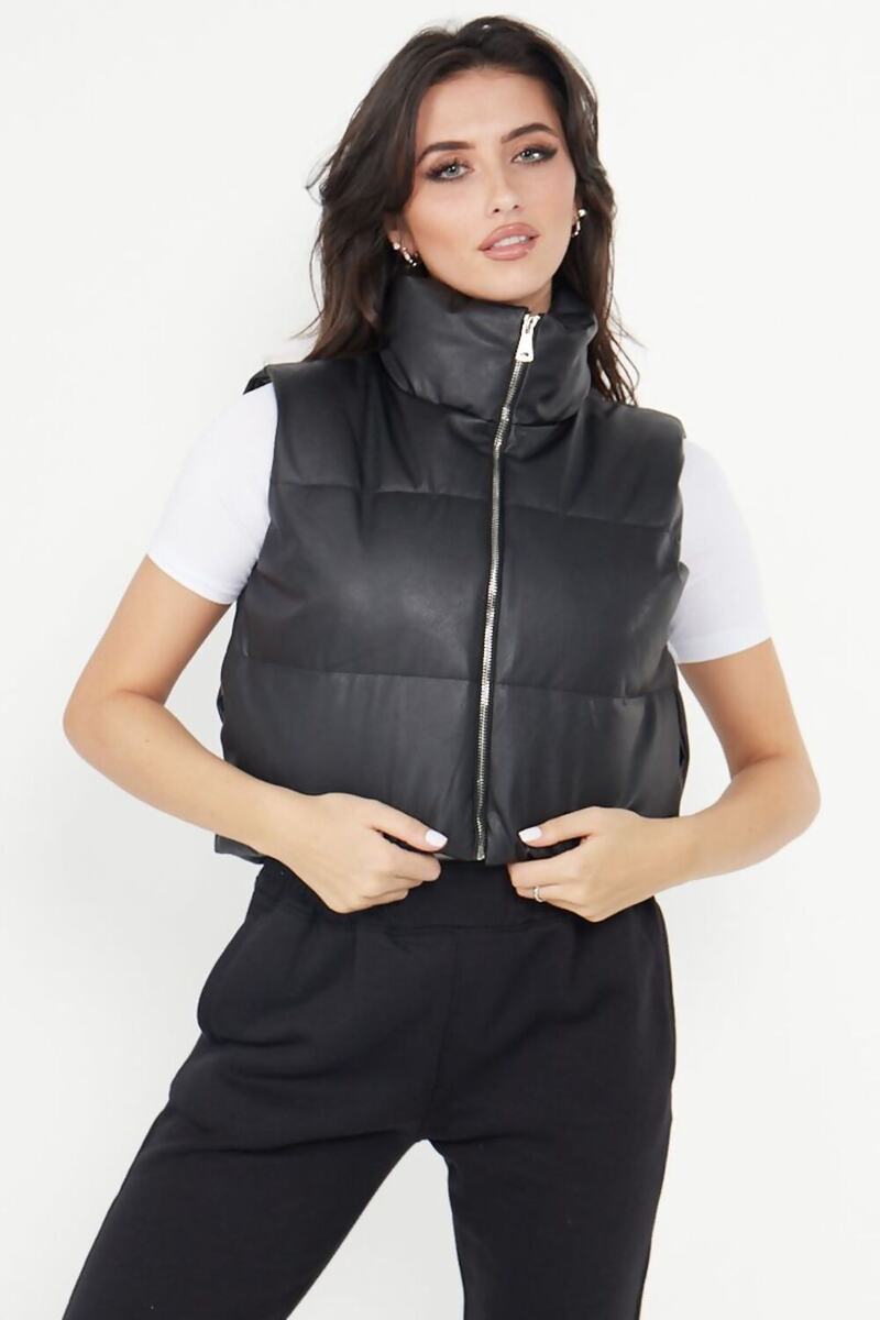 PU Down Cropped Puffer Sleeveless Gilet