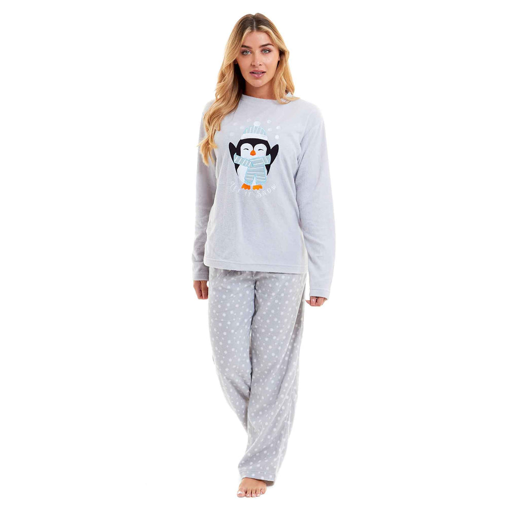 Warm Women's Polar Fleece Penguin Pyjama Set with Hood and Embroidery Fluffy Winter Loungewear by Daisy Dreamer