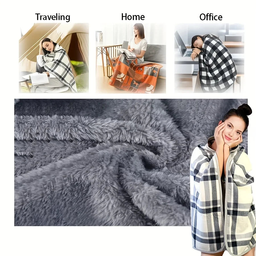 Wearable Flannel Blanket Shawl – Soft Fleece Wrap for Home & Office