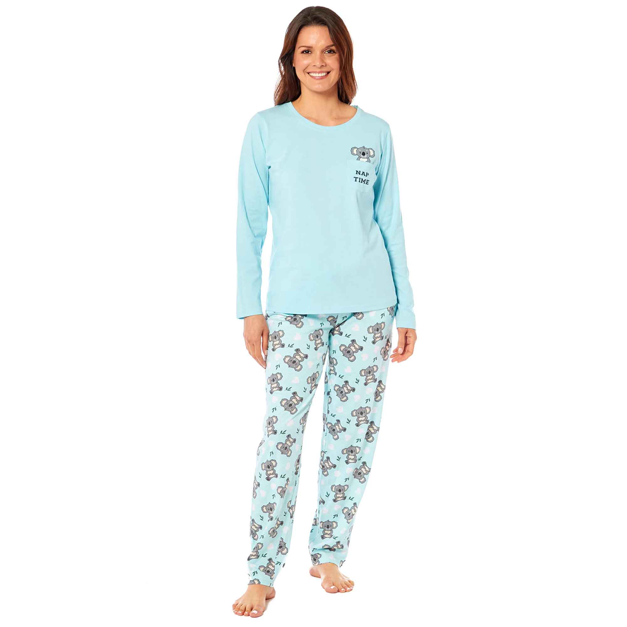 Women's 100% Cotton Koala Bear Print Pyjama Set Comfortable Long Sleeve Top and Elasticated Pants by Daisy Dreamer