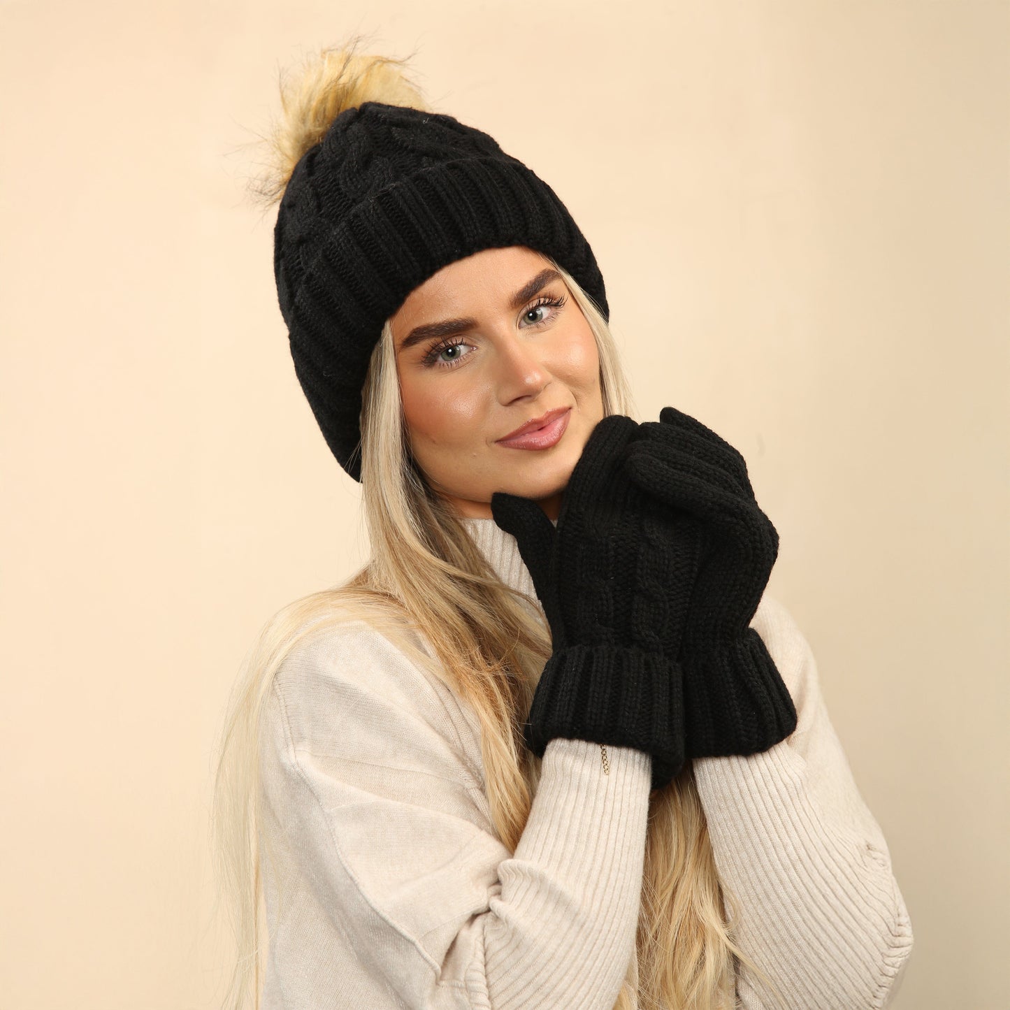 Women's Black Chunky Knit Winter Hat & Gloves Set Faux Fur Pom Pom Warm & Stylish Beanie for Ladies By Heatwave Thermalwear