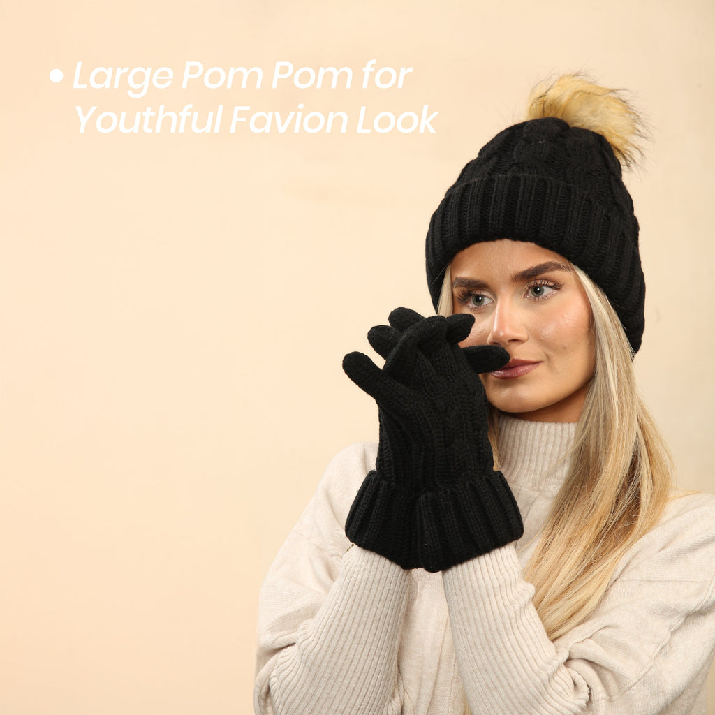 Women's Black Chunky Knit Winter Hat & Gloves Set Faux Fur Pom Pom Warm & Stylish Beanie for Ladies By Heatwave Thermalwear