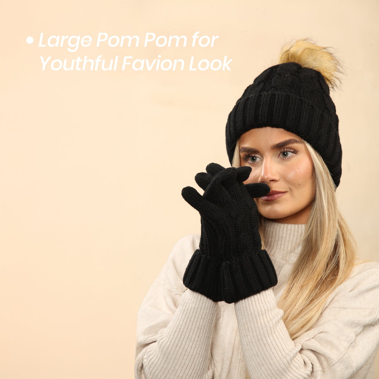 Women's Black Chunky Knit Winter Hat & Gloves Set Faux Fur Pom Pom Warm & Stylish Beanie for Ladies By Heatwave Thermalwear