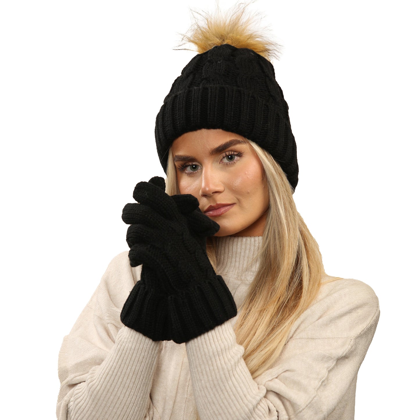 Women's Black Chunky Knit Winter Hat & Gloves Set Faux Fur Pom Pom Warm & Stylish Beanie for Ladies By Heatwave Thermalwear