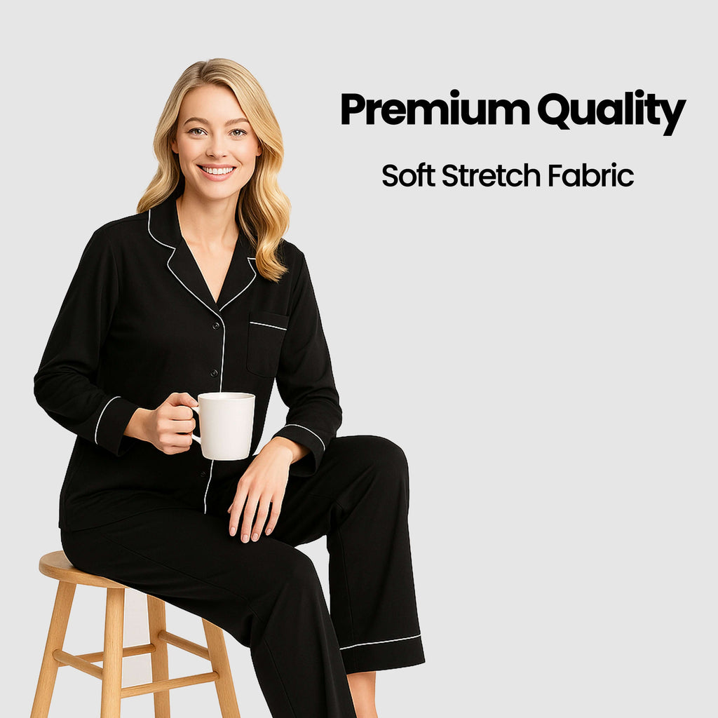 Women's Black Pyjama Set Soft Touch Long Sleeve Button-Up Top & Bottoms Two-Piece Nightwear by Daisy Dreamer