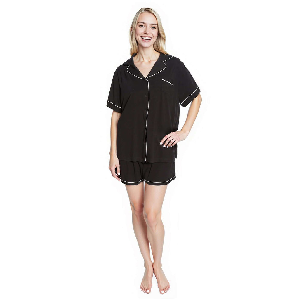 Women's Black Short Pyjama Set Super Soft Sleepwear Nightwear Button Up Top and Shorts by Daisy Dreamer
