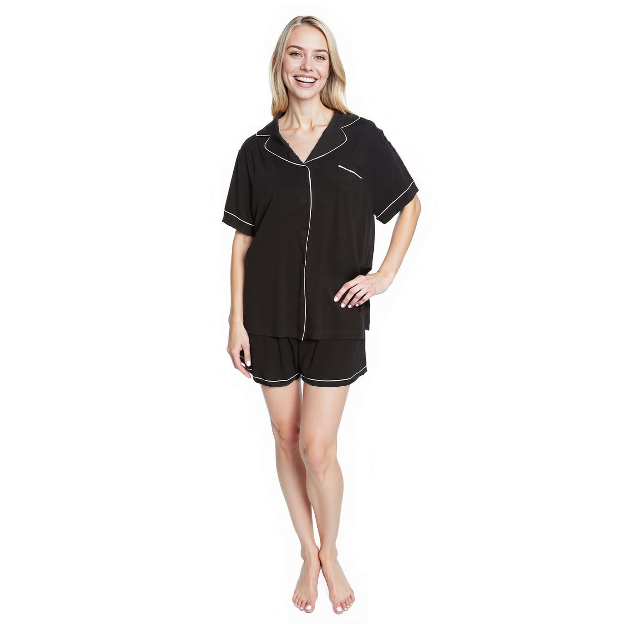 Women's Black Short Pyjama Set Super Soft Sleepwear Nightwear Button Up Top and Shorts by Daisy Dreamer