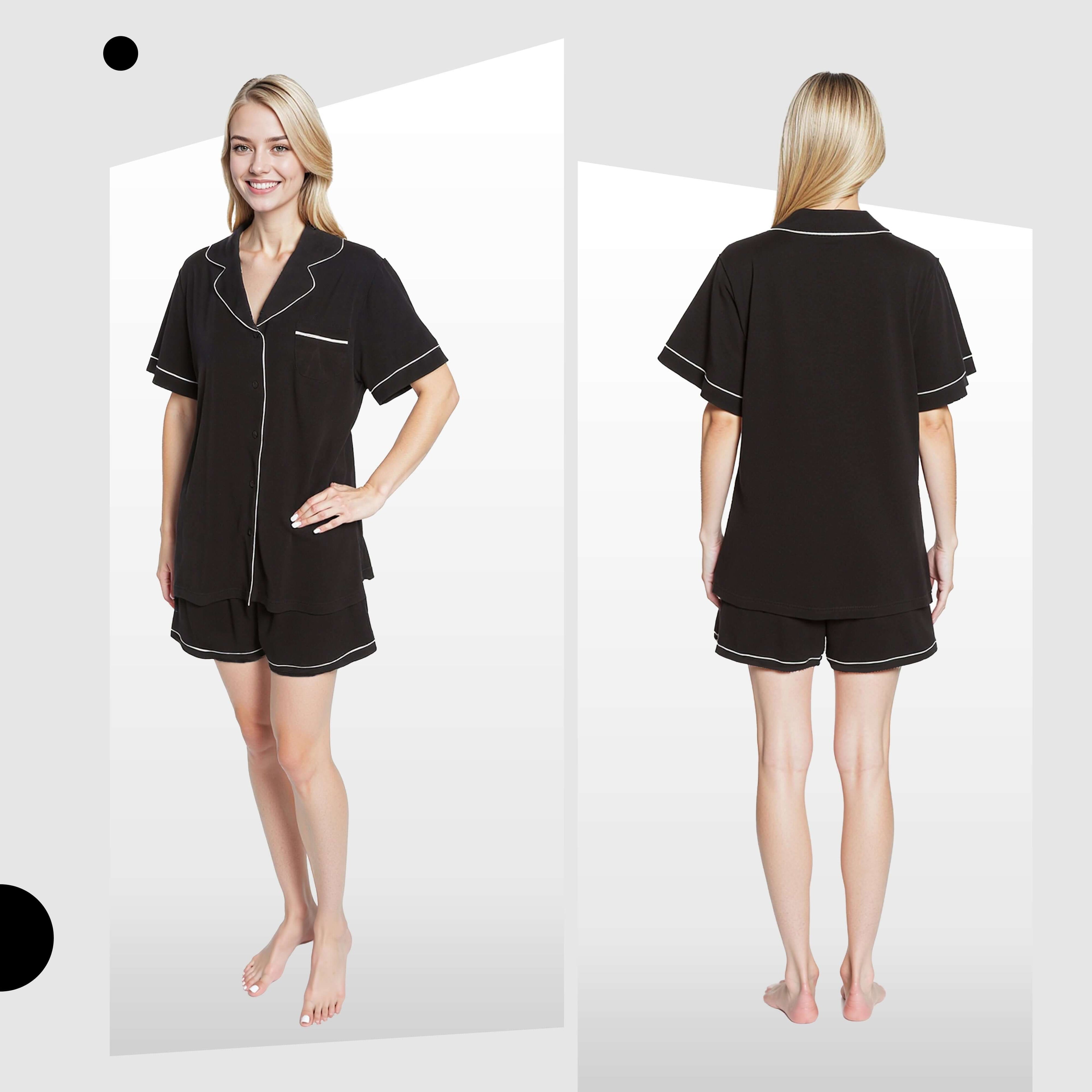 Women's Black Short Pyjama Set Super Soft Sleepwear Nightwear Button Up Top and Shorts with Pockets PJs by Daisy Dreamer