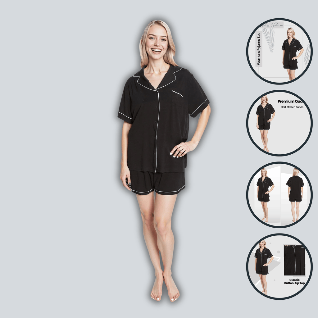 Women's Black Short Pyjama Set Super Soft Sleepwear Nightwear Button Up Top and Shorts by Daisy Dreamer