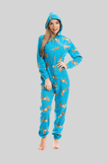 Women's Blue Horse Print Hooded Fleece Onezee Pyjama Set Warm and Comfortable Nightwear by Daisy Dreamer