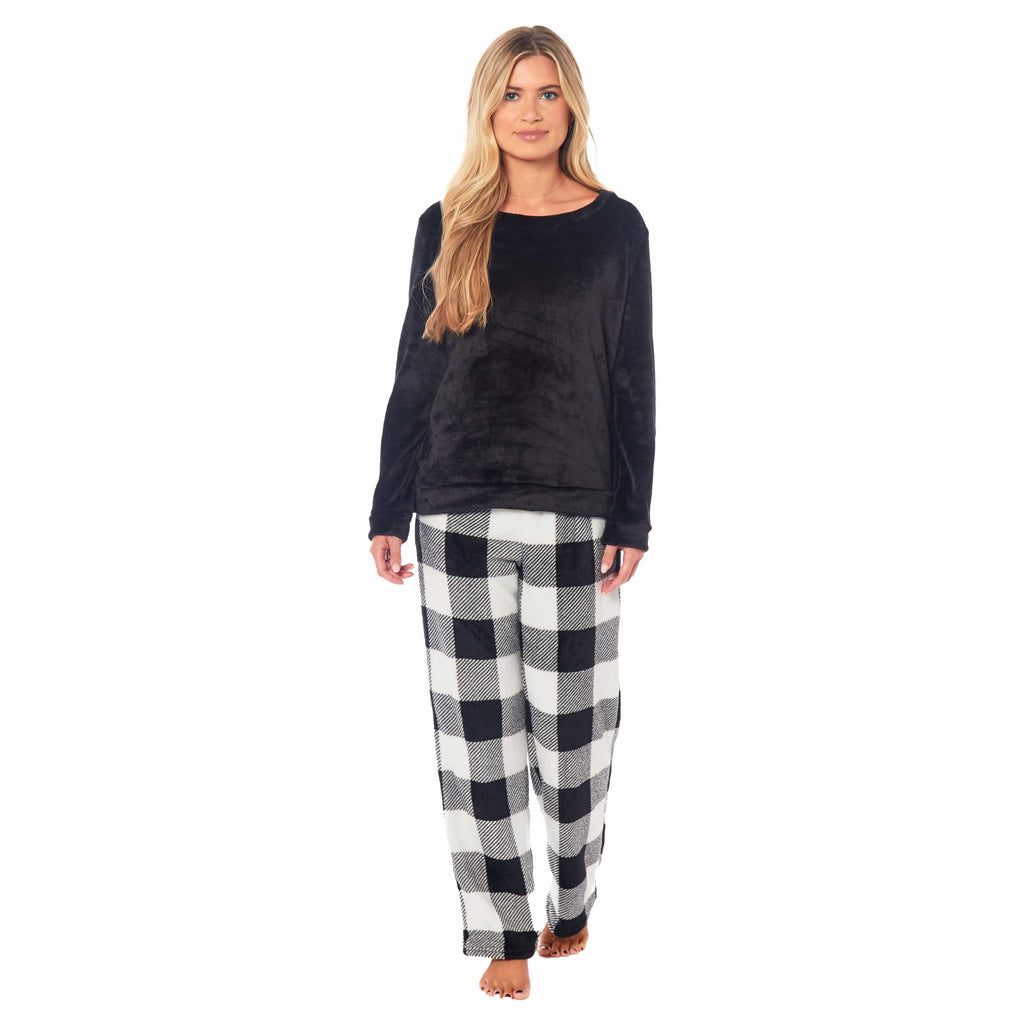Women's Buffalo Check Fleece Pajama Set Long Sleeve Top and Bottoms Luxuriously Soft Nightwear by Daisy Dreamer