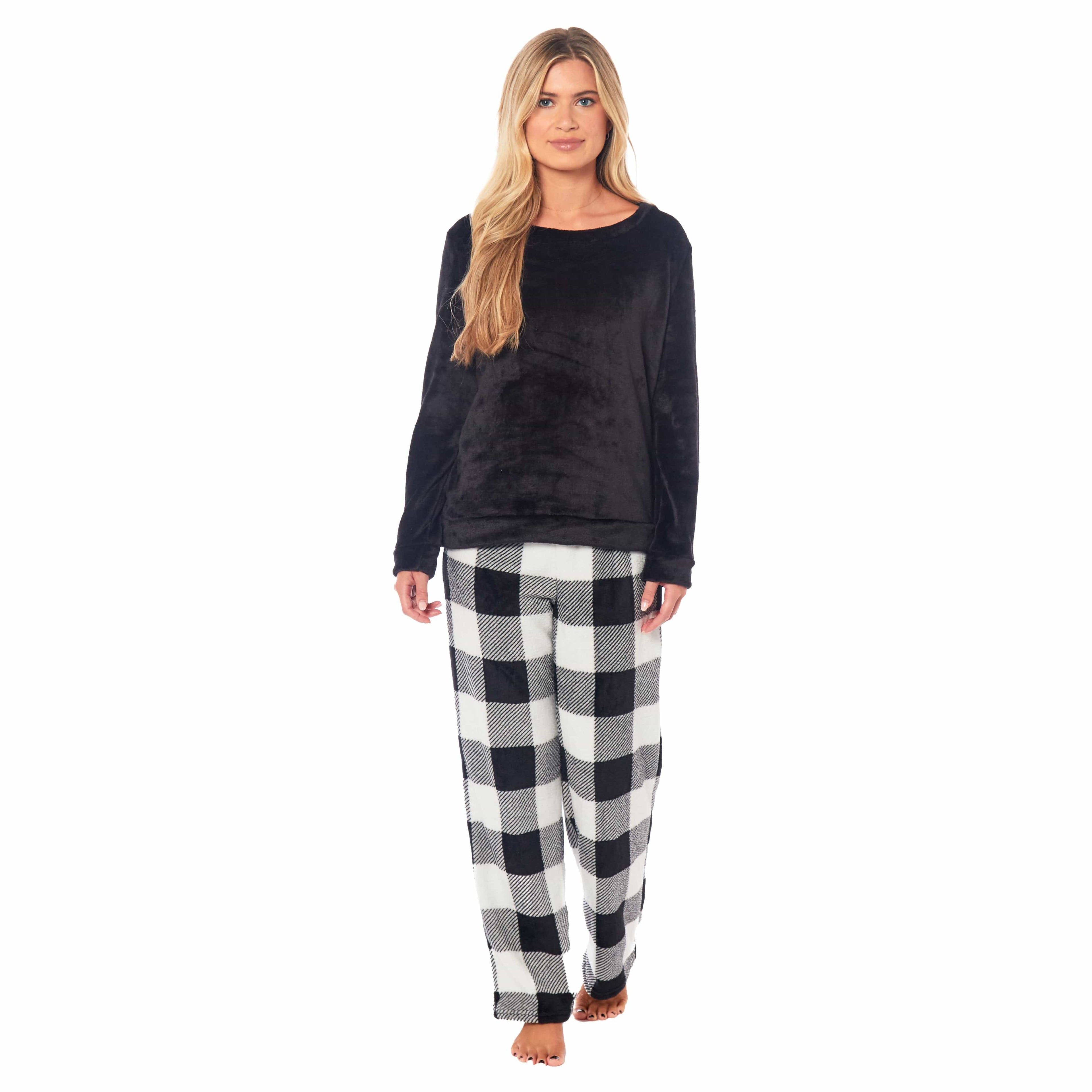 Women's Buffalo Check Fleece Pajama Set Long Sleeve Top and Bottoms Luxuriously Soft Nightwear by Daisy Dreamer