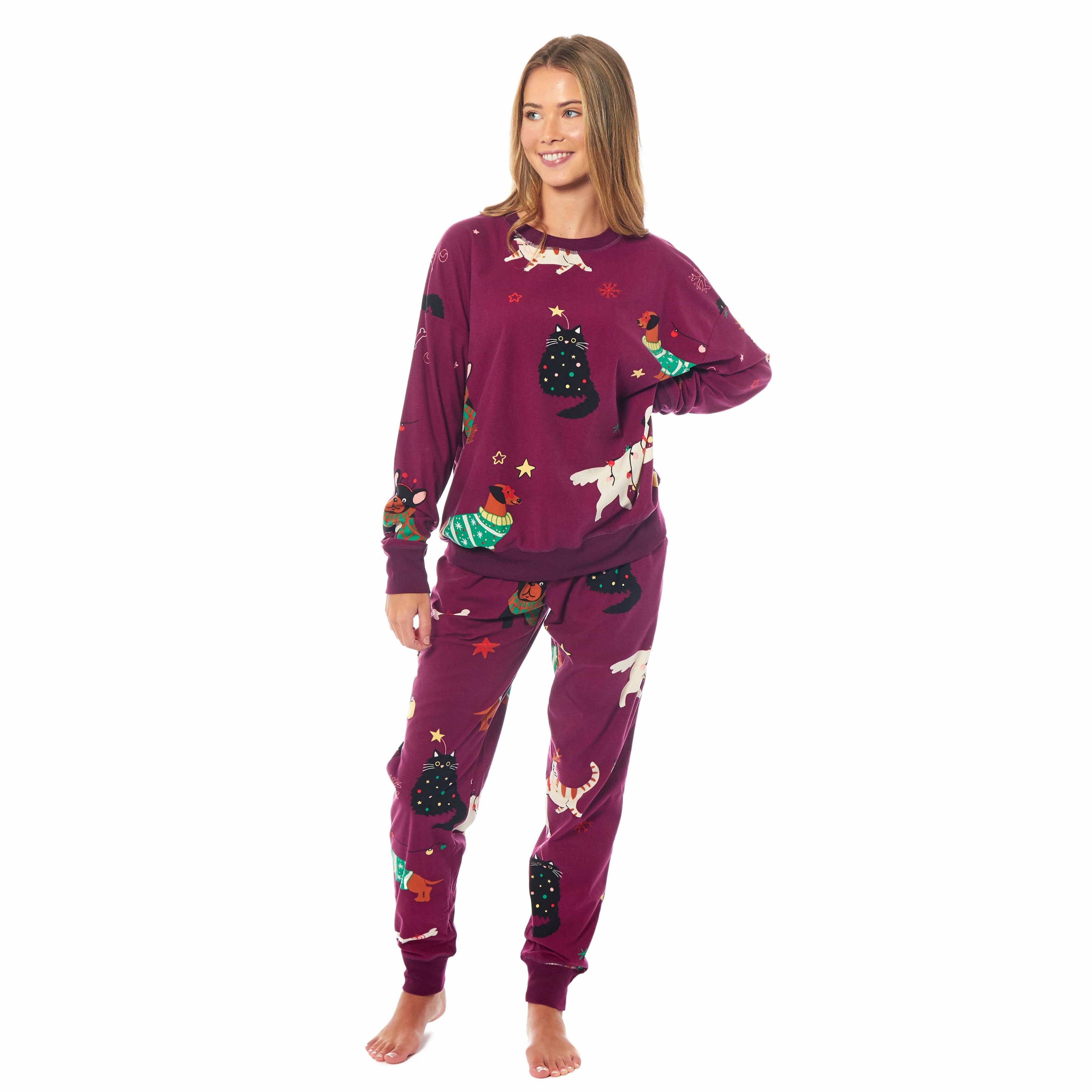 Women's Cats & Dogs Soft Fleece Pyjama Set Long Sleeve Animal Print Warm PJs Loungewear by Daisy Dreamer