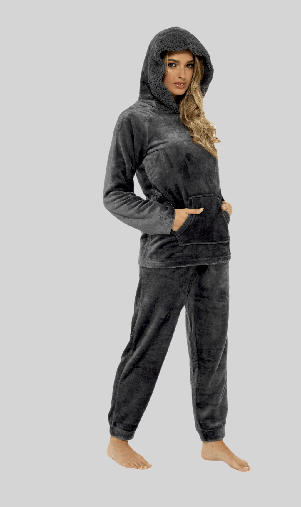 Women's Charcoal Plush Fleece Hooded Pyjama Set with Sherpa Lining Soft Flannel Loungewear by Daisy Dreamer