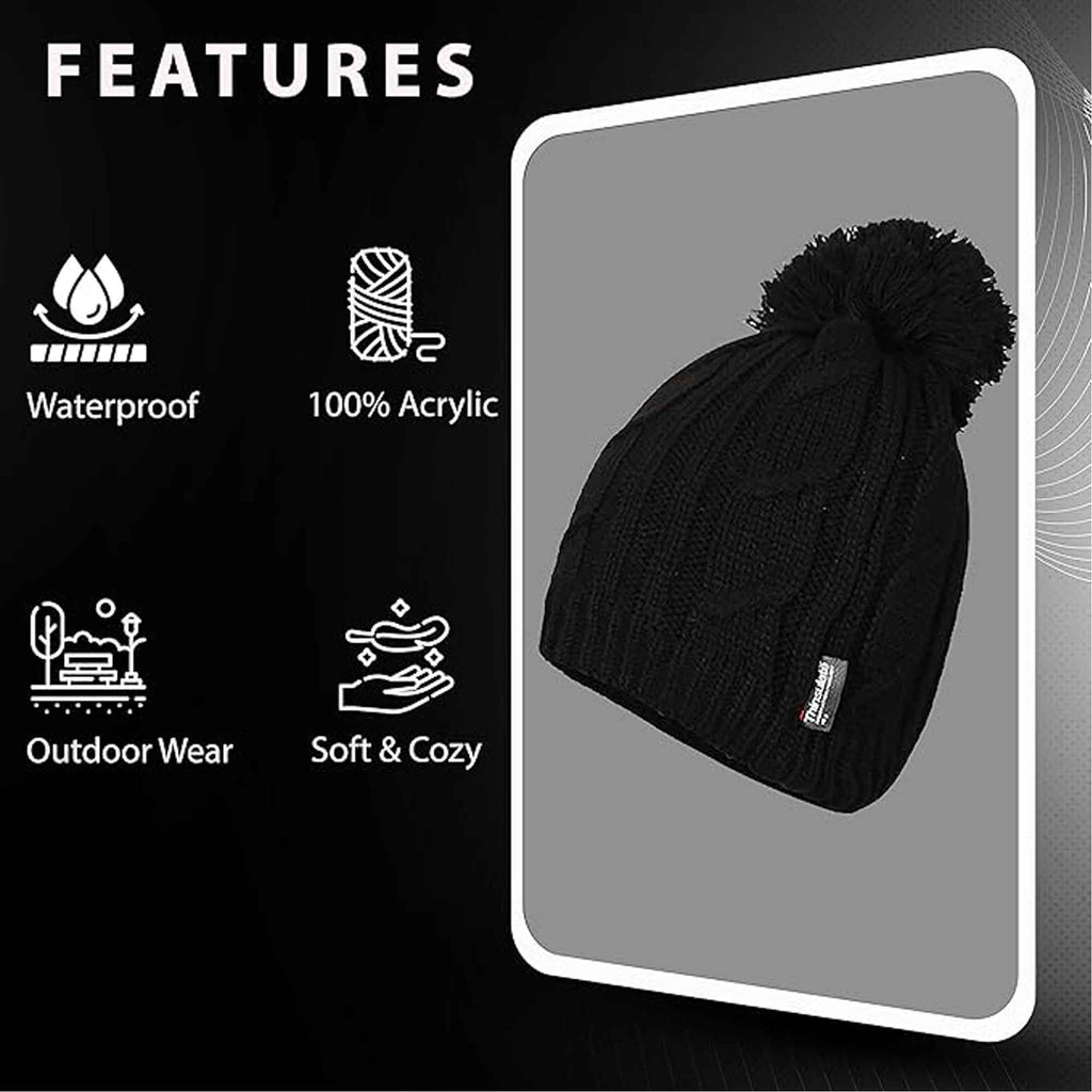 Women's Chunky Cable Knit Beanie Hat with 3M Thinsulate Insulation and Pom Pom Waterproof Winter Hat in Black Purple Cream and Navy by Sock Stack