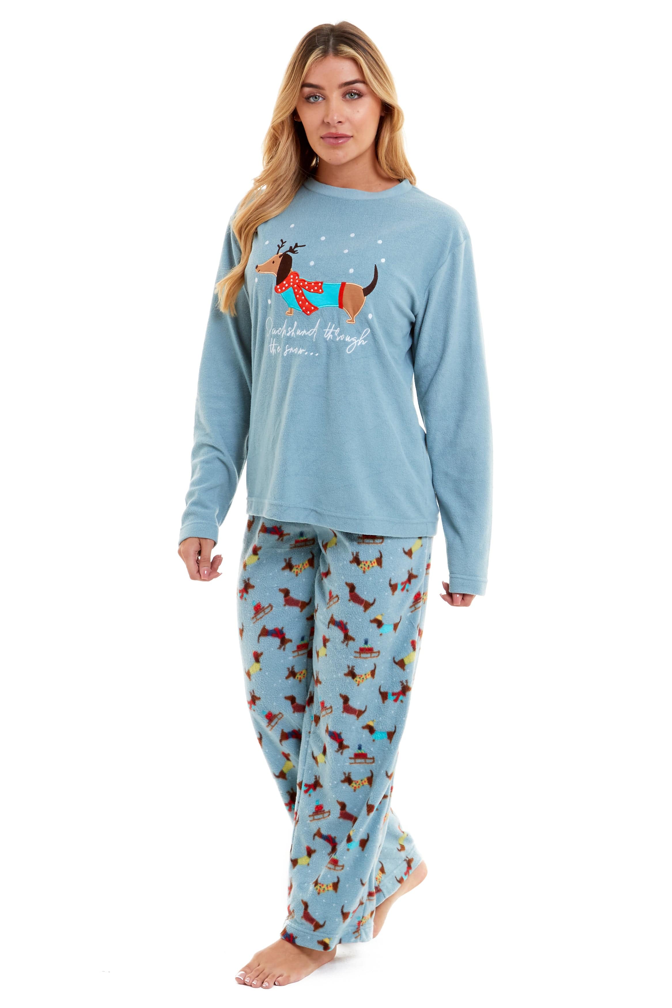 Women's Cosy Dachshund Polar Fleece Pyjama Set Soft Warm Winter Lounge Sleepwear by Daisy Dreamer