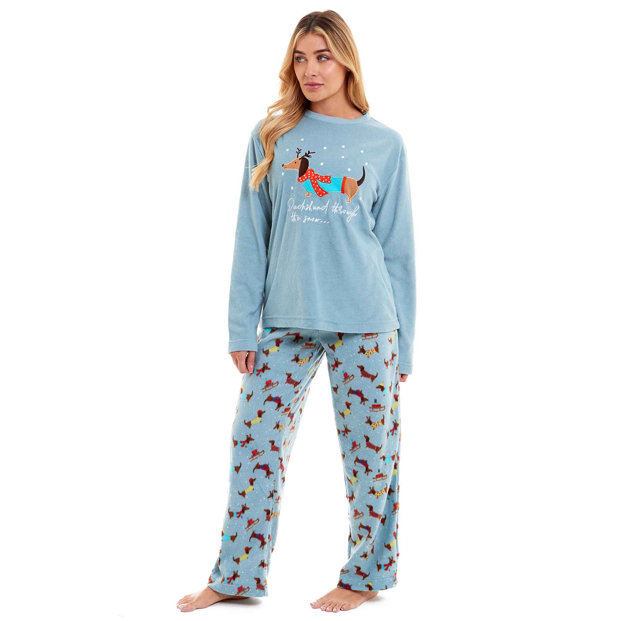 Women's Cosy Dachshund Polar Fleece Pyjama Set with Hood Embroidered Detailing Soft Nightwear by Daisy Dreamer