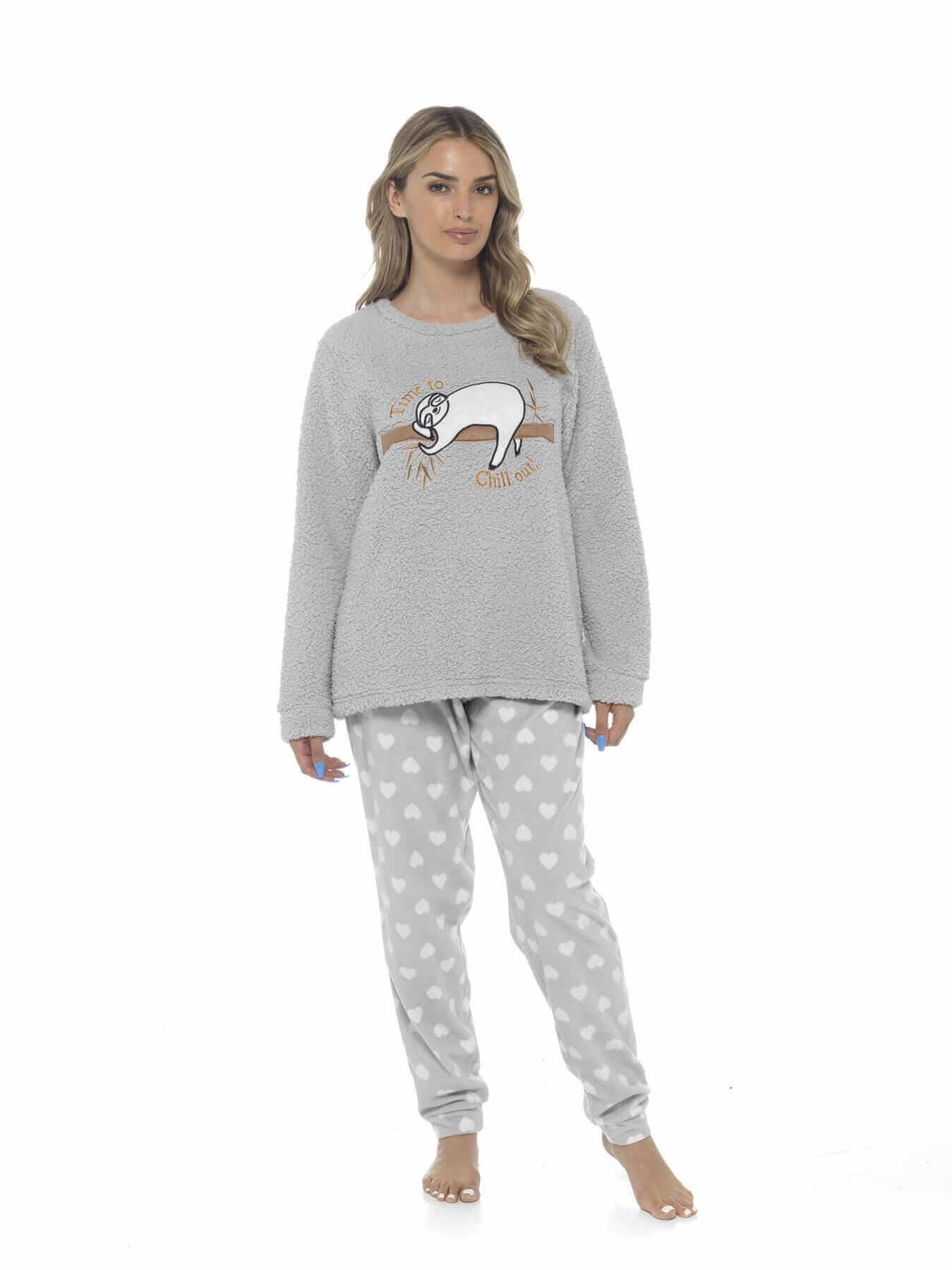 Women's Cozy Sloth Teddy Fleece Pyjama Set Super Soft Warm Loungewear Sleepwear by Daisy Dreamer