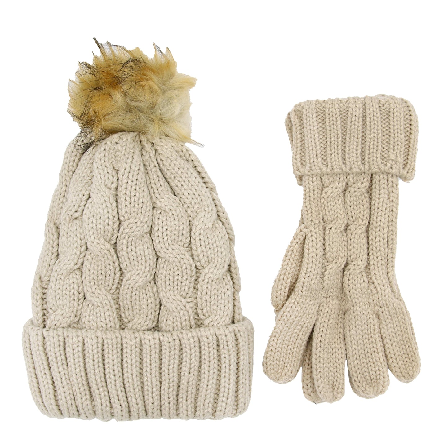 Women's Cream Chunky Knit Winter Hat & Gloves Set Faux Fur Pom Pom Warm & Stylish Beanie for Ladies By Heatwave Thermalwear