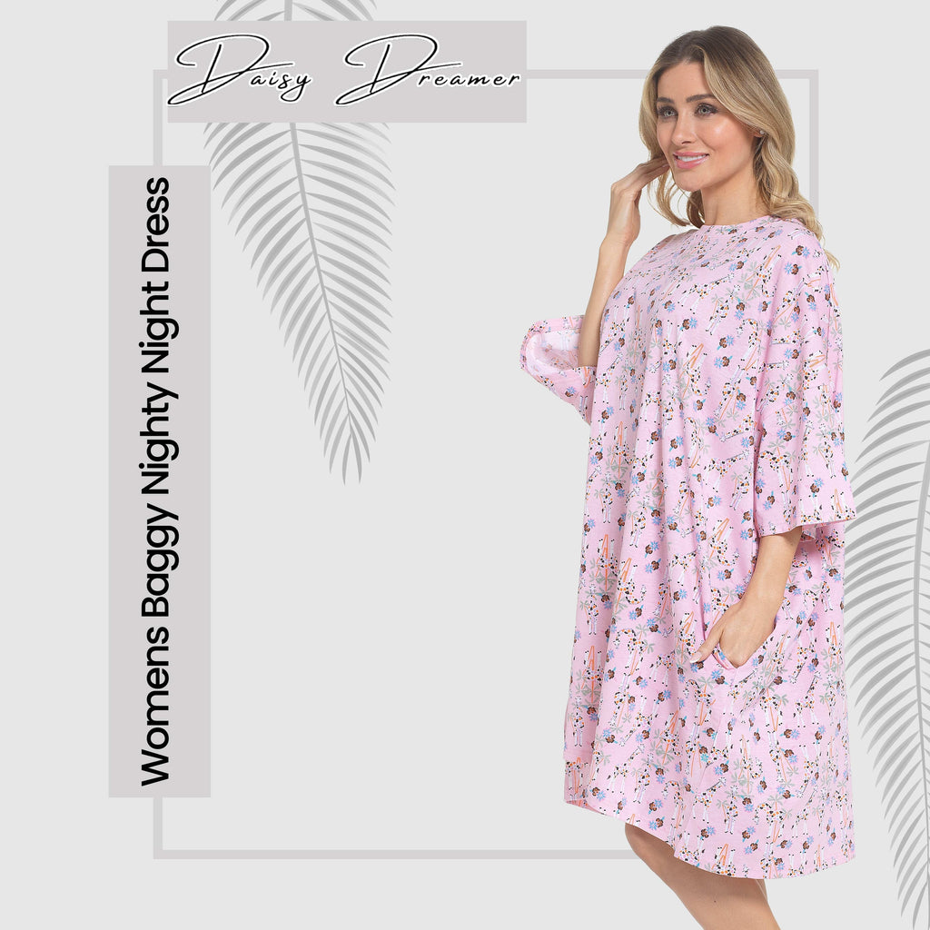 Women's Giraffe Baggy Nighty Dress Oversized T-Shirt Nighties 100% Cotton Short Sleeved Nightshirt for Ladies by Daisy Dreamer