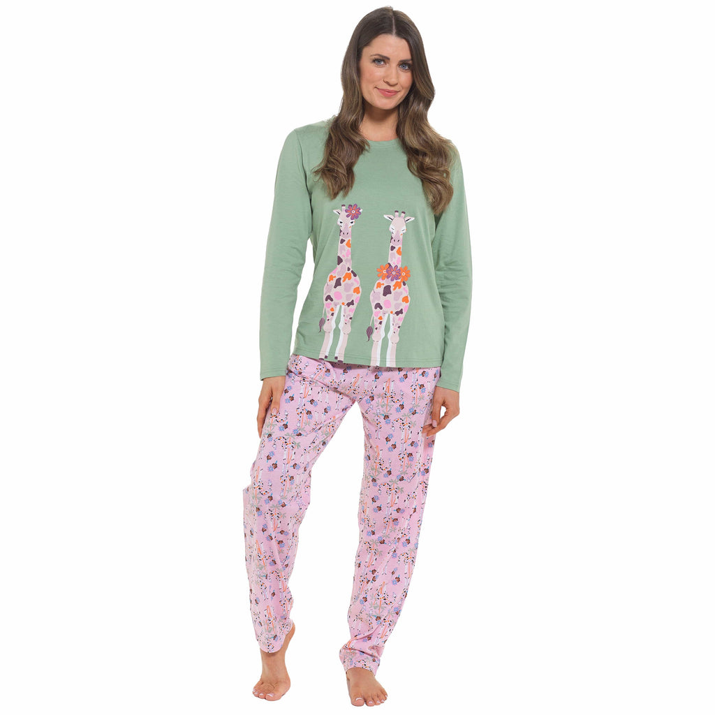 Women's Giraffe Cotton Jersey Long Sleeve Pyjama Set Comfortable PJs Soft Loungewear by Daisy Dreamer
