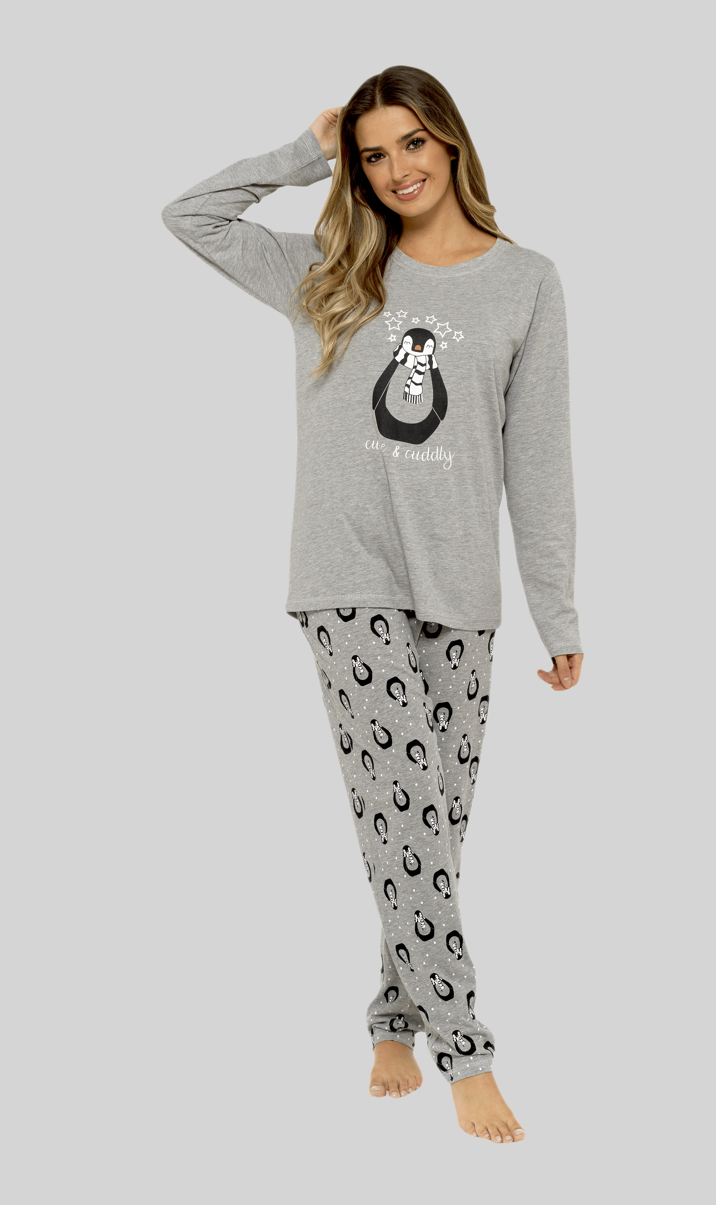 Women's Grey Cotton Pyjama Set Penguin Stars Design Soft Long Sleeve Top and Elasticated Bottoms by Daisy Dreamer