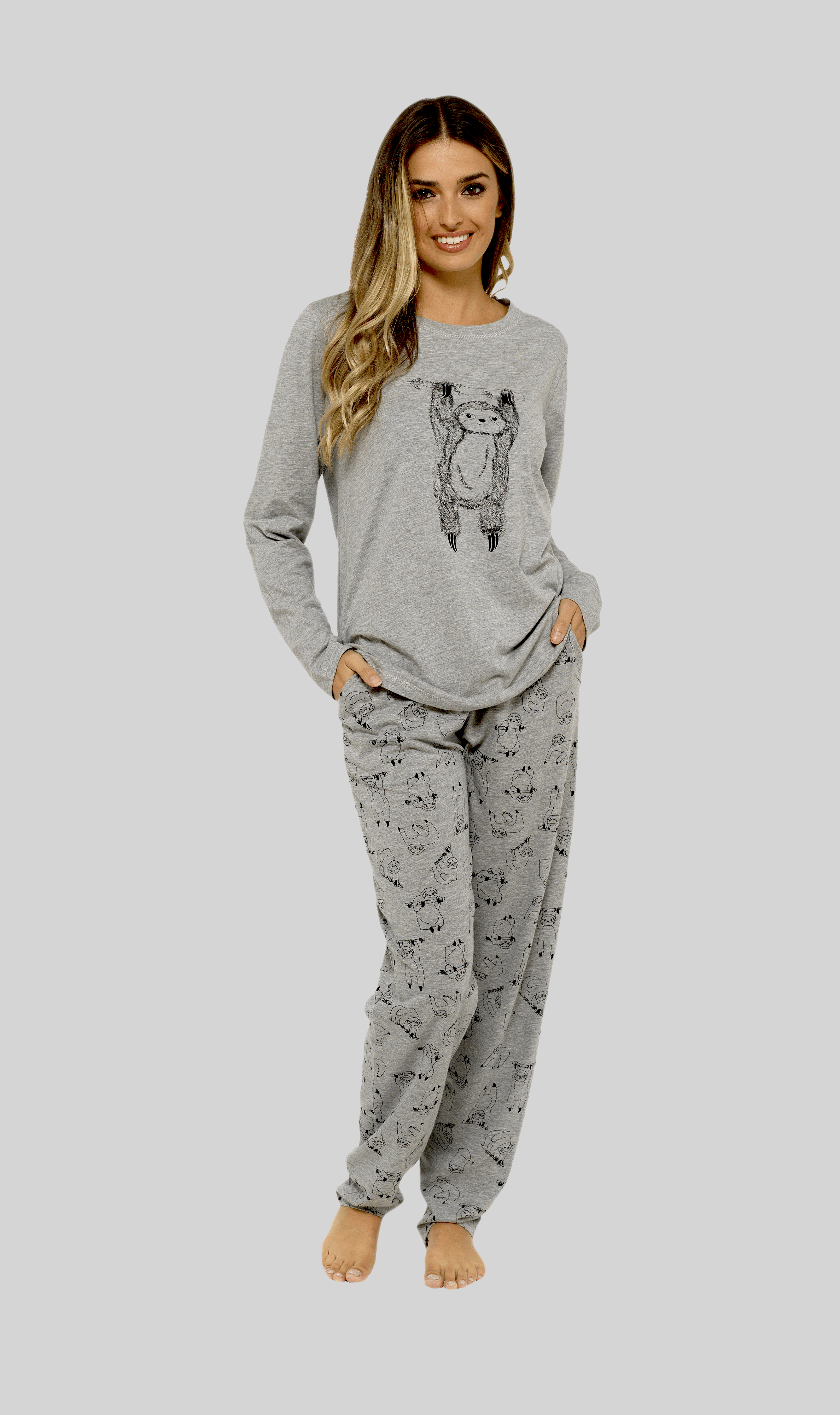 Women's Grey Cotton Pyjama Set with Lazy Sloth Design Long Sleeve Comfortable Sleepwear by Daisy Dreamer