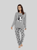Women's Grey Cotton Pyjama Set with Polka Dot Pants and Frenchie Pugs Print Long Sleeve Top by Daisy Dreamer