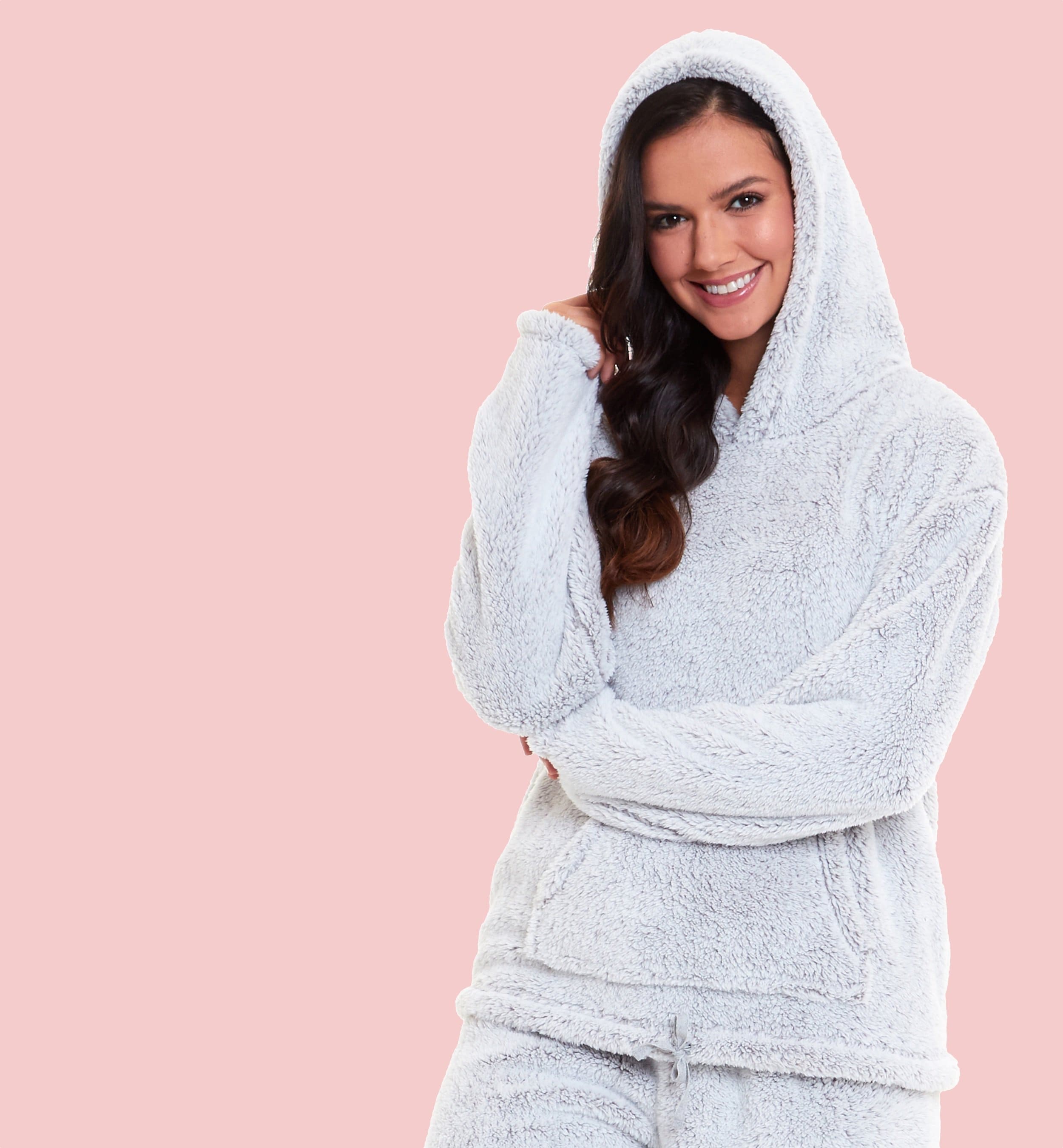 Women's Grey Plush Fleece Hooded Pyjama Set Soft Cosy Nightwear Teddy Fabric Loungewear by Daisy Dreamer