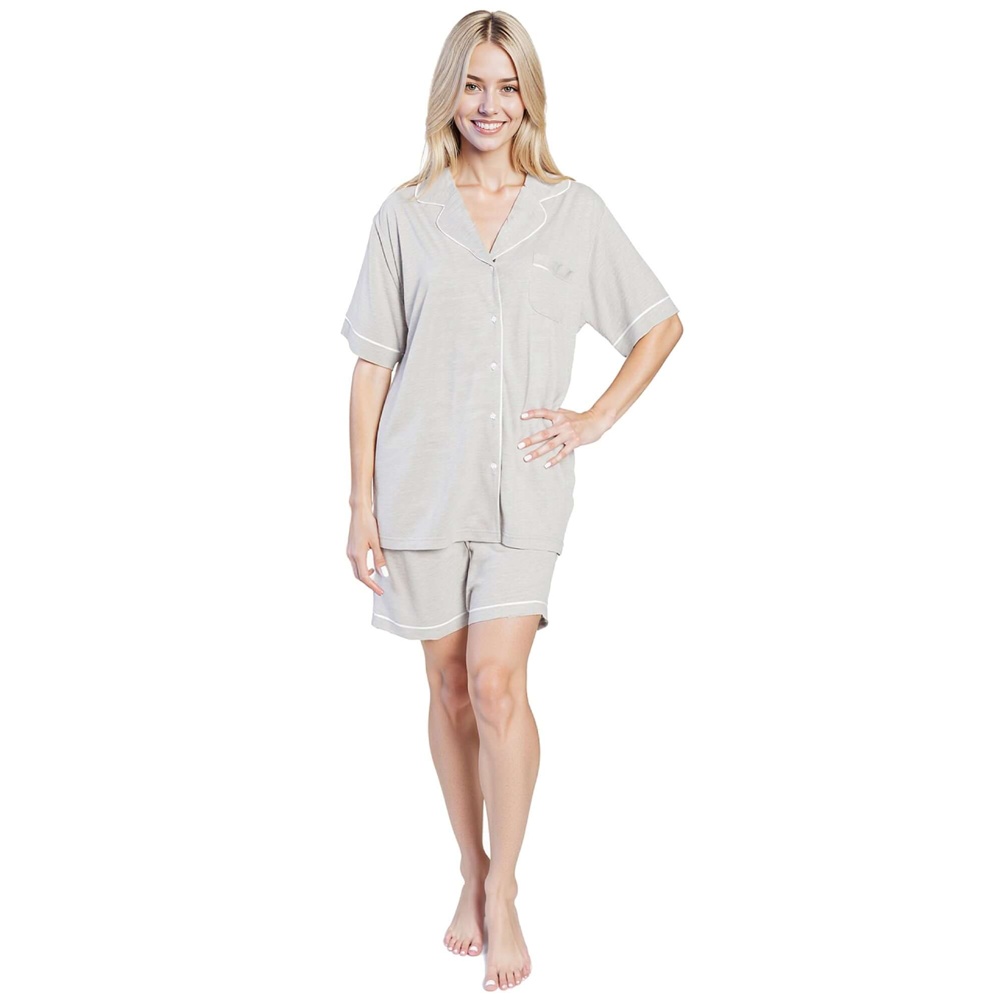 Women's Grey Short Pyjama Set Super Soft Sleepwear Nightwear Button Up Top and Shorts by Daisy Dreamer