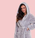 Women's Grey Snuggle Fleece Touch Hooded Robe Luxurious Soft Loungewear Cosy Durable Dressing Gown UK Sizes 8-22 by Daisy Dreamer