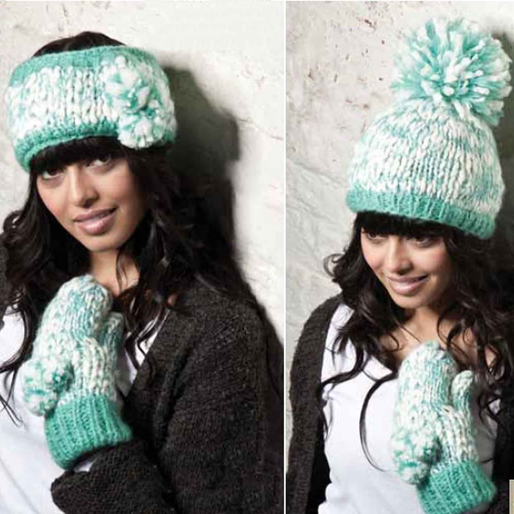 Women's Hand Knitted Daisy Pattern Winter Hat Headband Mittens Set with Pom Pom in Red Green Pink for Outdoor Activities and Holiday Gifts by Sock Stack