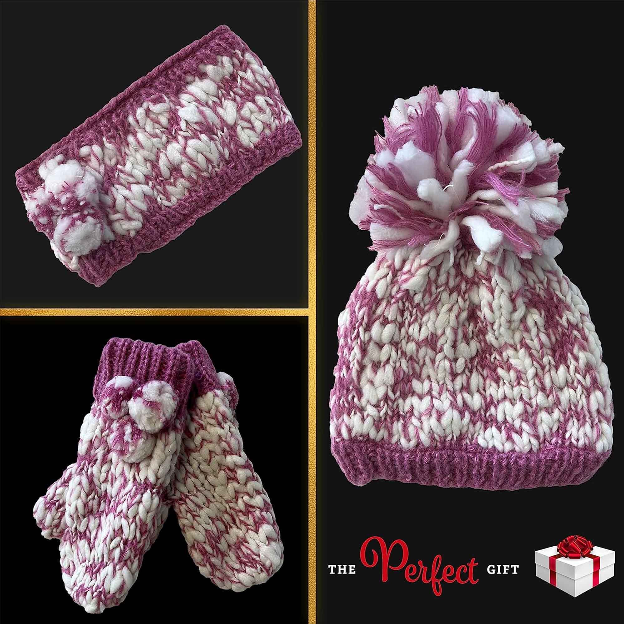 Women's Hand Knitted Daisy Pattern Winter Hat Headband Mittens Set with Pom Pom in Red Green Pink for Outdoor Activities and Holiday Gifts by Sock Stack
