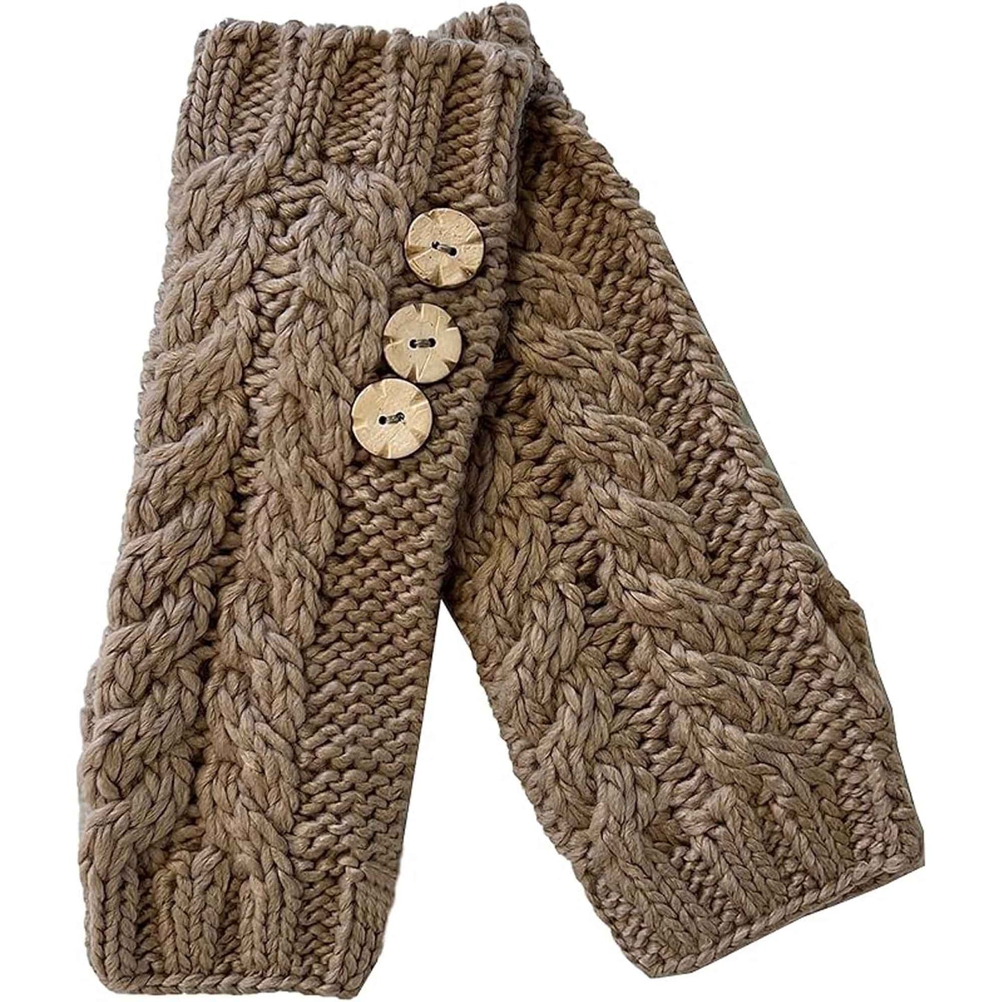 Women's Hand-Knitted Winter Hat Scarf and Hand Warmer Set with Inga Button Design Luxurious Acrylic Adjustable Fit Elegant Brown and Cream by Sock Stack