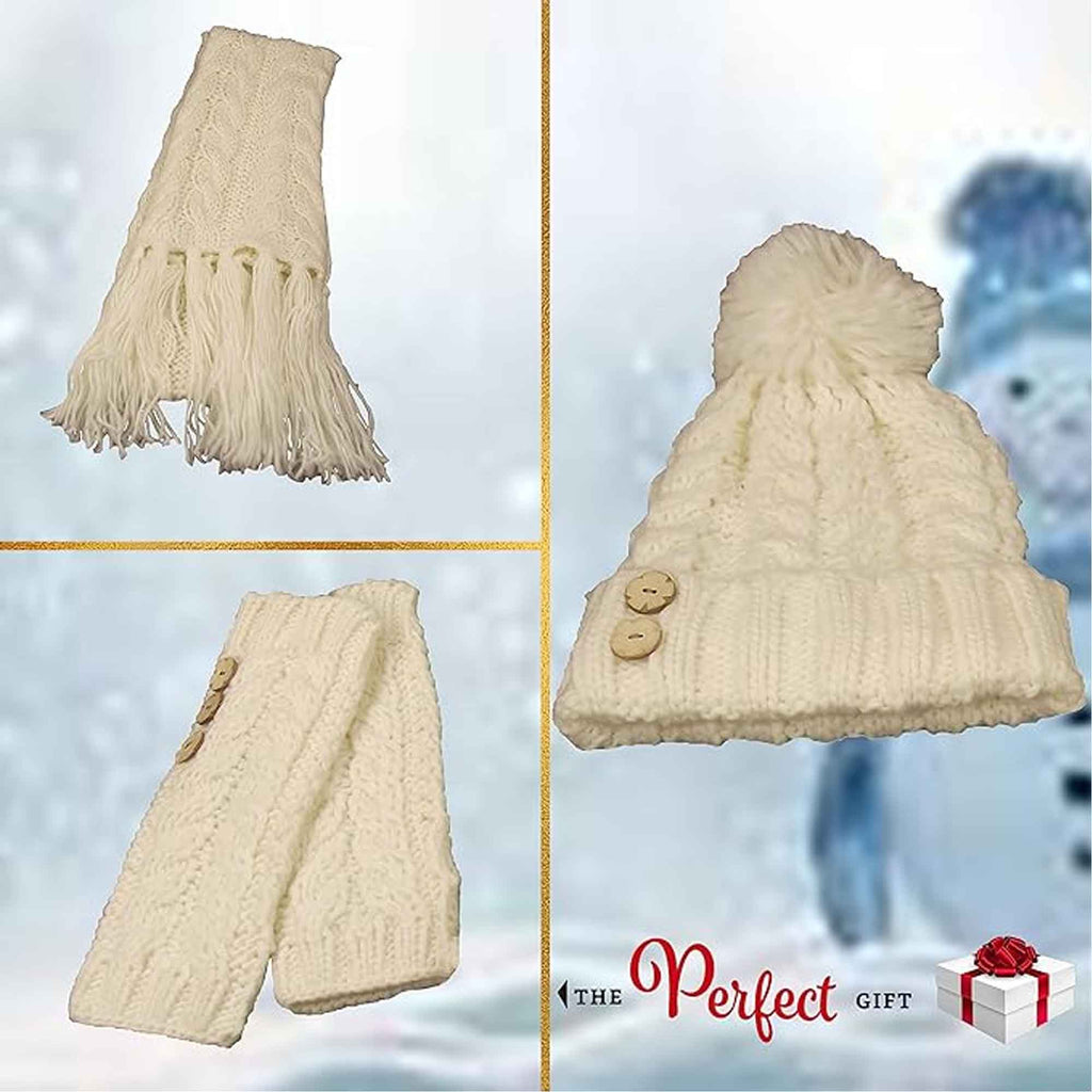 Women's Hand-Knitted Winter Hat Scarf and Hand Warmer Set with Inga Button Design Luxurious Acrylic Adjustable Fit Elegant Brown and Cream by Sock Stack