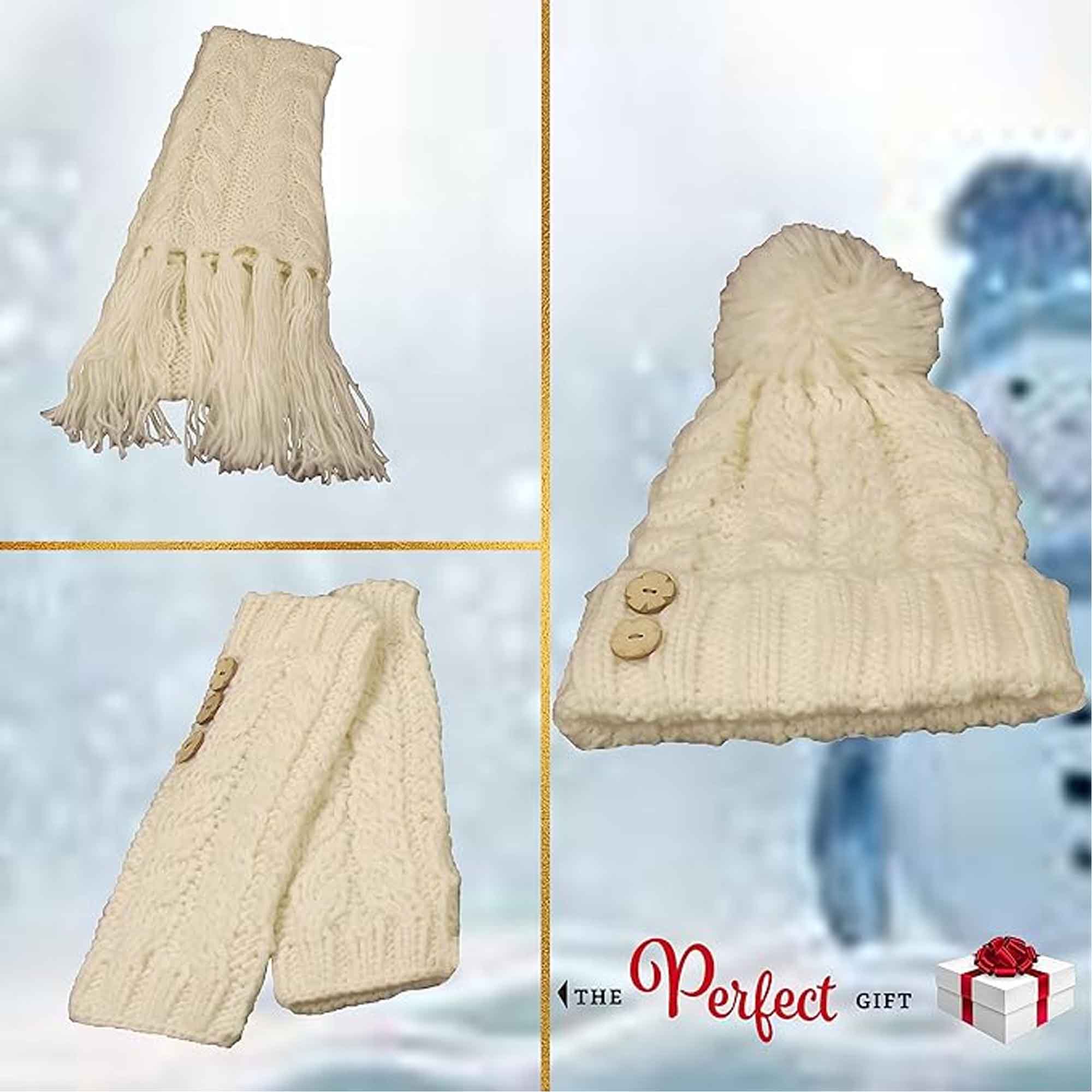 Women's Hand-Knitted Winter Hat Scarf and Hand Warmer Set with Inga Button Design Luxurious Acrylic Adjustable Fit Elegant Brown and Cream by Sock Stack