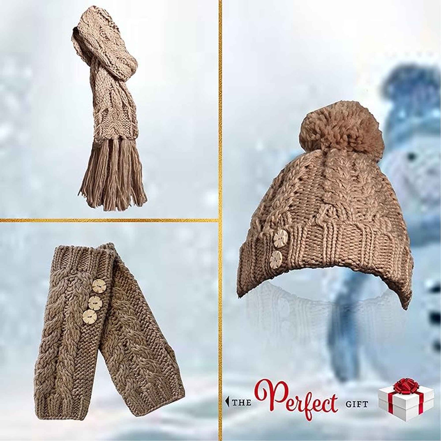 Women's Hand-Knitted Winter Hat Scarf and Hand Warmer Set with Inga Button Design Luxurious Acrylic Adjustable Fit Elegant Brown and Cream by Sock Stack