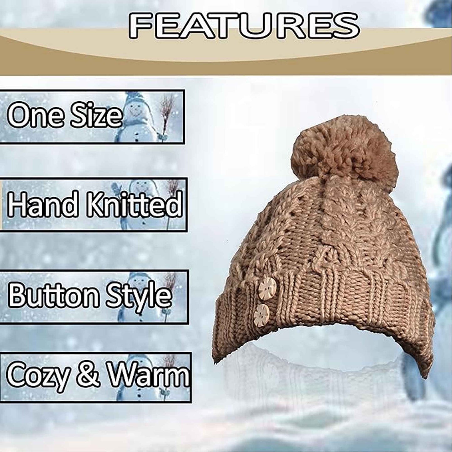 Women's Hand-Knitted Winter Hat Scarf and Hand Warmer Set with Inga Button Design Luxurious Acrylic Adjustable Fit Elegant Brown and Cream by Sock Stack