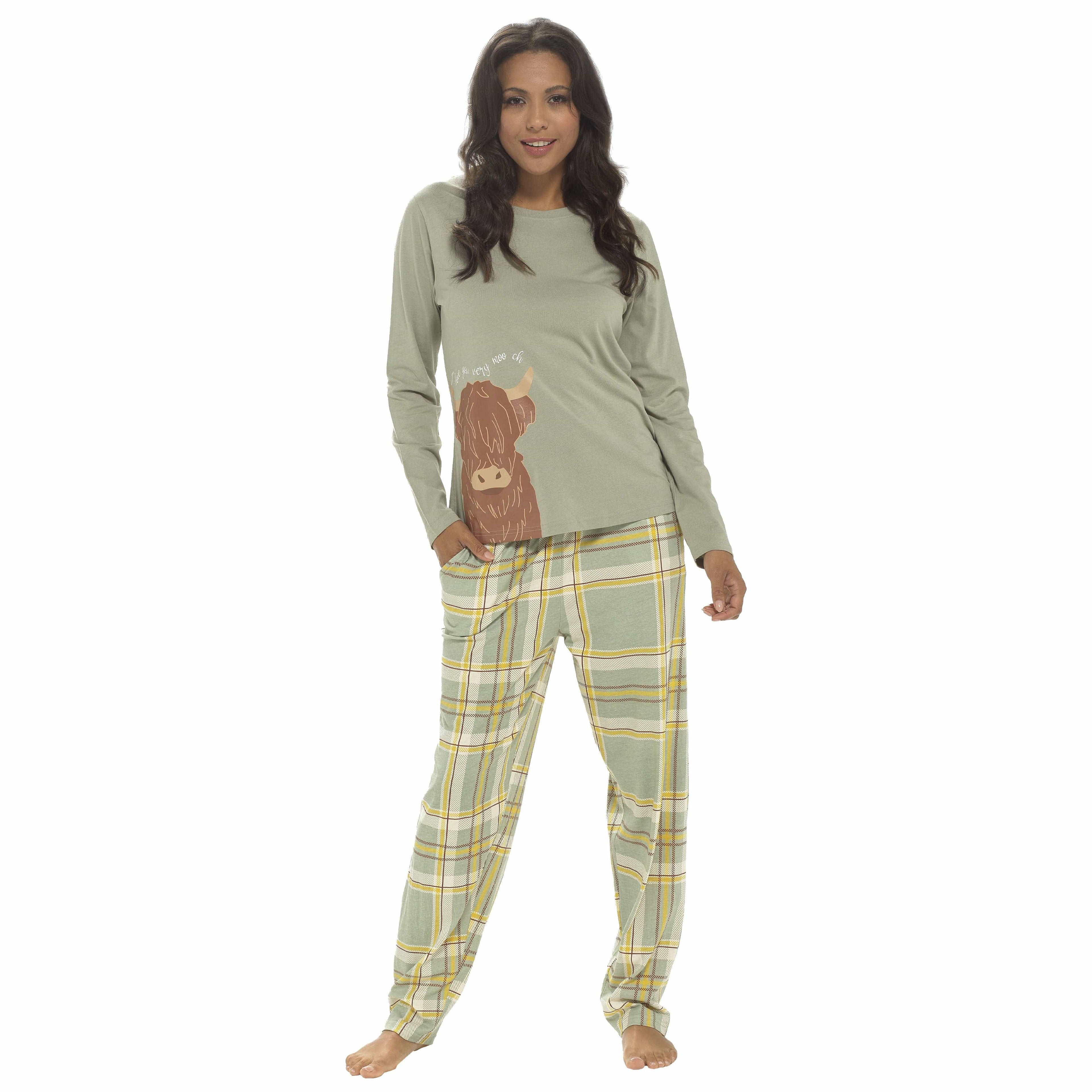 Women's Highland Cow Cotton Jersey Pyjama Set Long Sleeve Lounge Wear PJs by Daisy Dreamer
