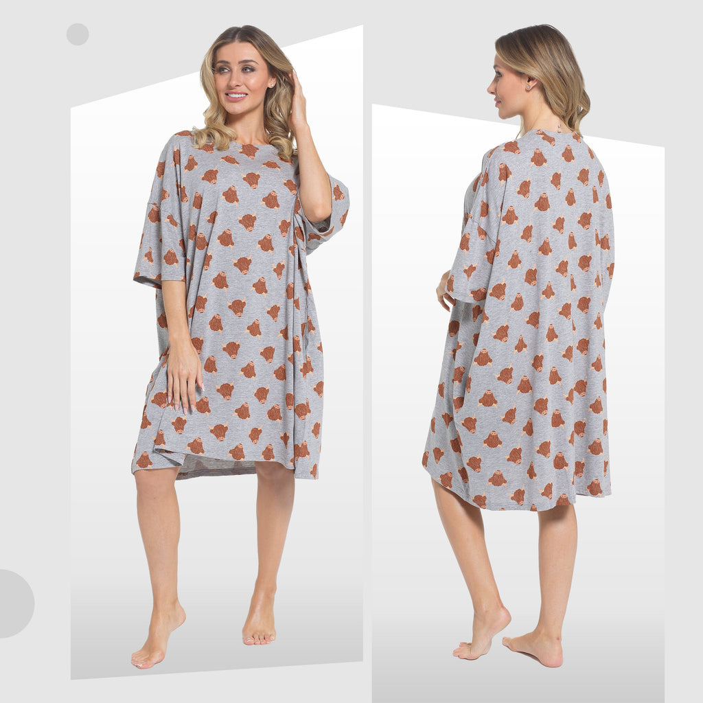 Women's Highland Cow Cream Baggy Nighty Dress Oversized T-Shirt Nighties 100% Cotton Short Sleeved Nightshirt for Ladies by Daisy Dreamer