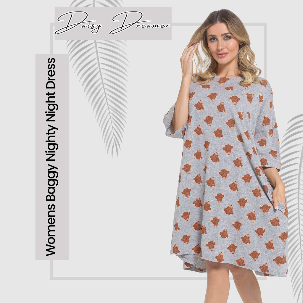 Women's Highland Cow Cream Baggy Nighty Dress Oversized T-Shirt Nighties 100% Cotton Short Sleeved Nightshirt for Ladies by Daisy Dreamer