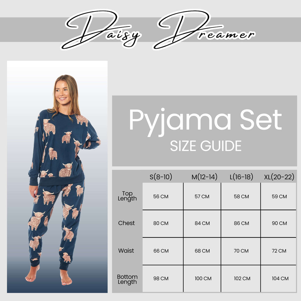 Women's Highland Cow Printed Soft Fleece Pyjama Set Long Sleeve Animal Warm PJs Loungewear Sleepwear for Ladies by Daisy Dreamer