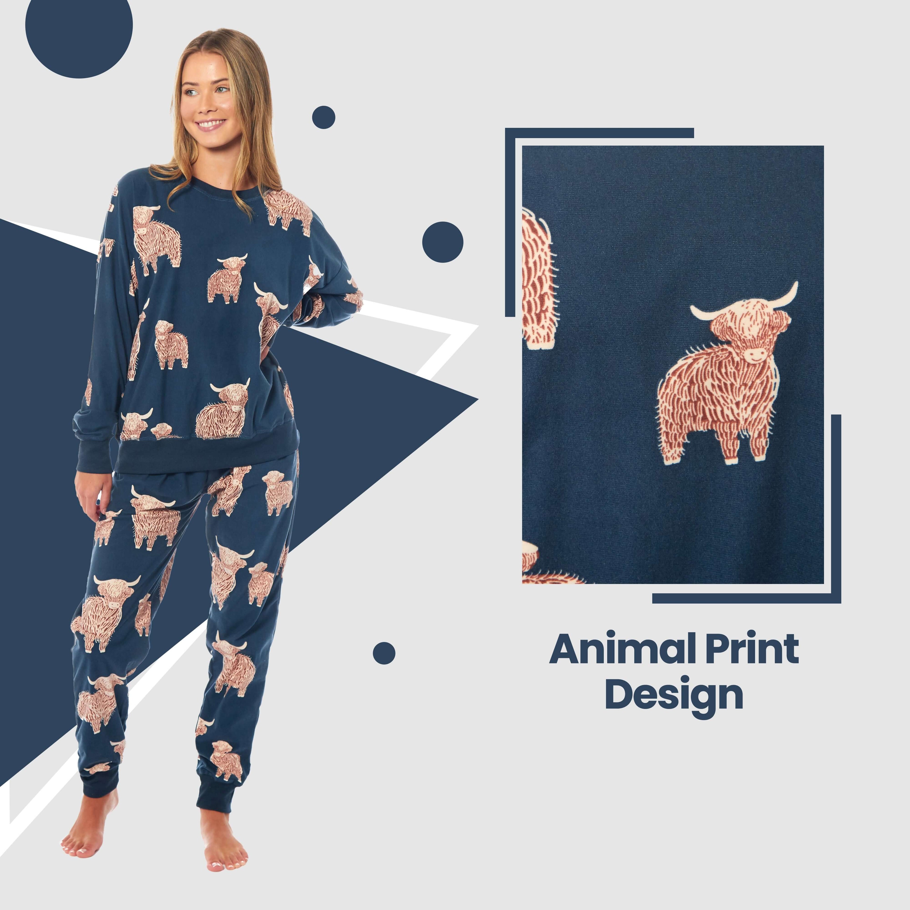 Women's Highland Cow Printed Soft Fleece Pyjama Set Long Sleeve Animal Warm PJs Loungewear Sleepwear for Ladies by Daisy Dreamer