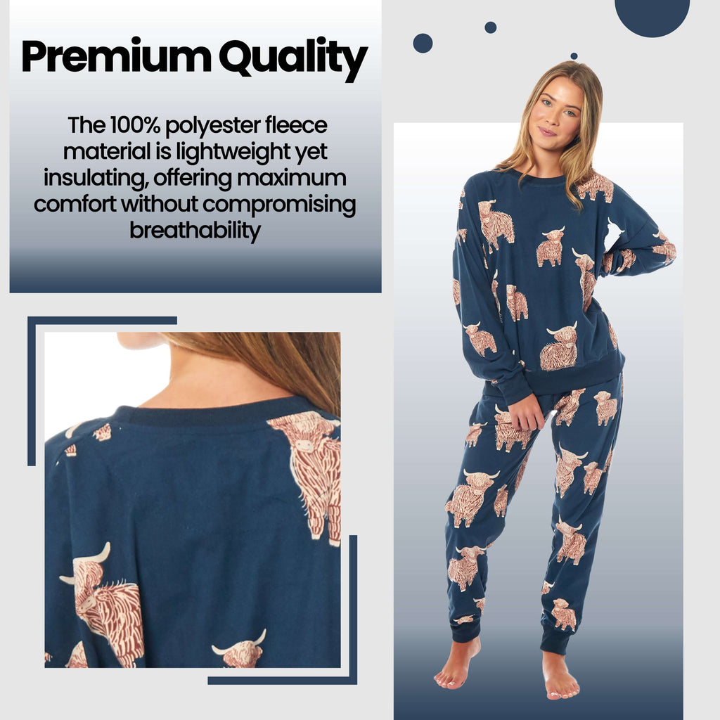 Women's Highland Cow Printed Soft Fleece Pyjama Set Long Sleeve Animal Warm PJs Loungewear Sleepwear for Ladies by Daisy Dreamer