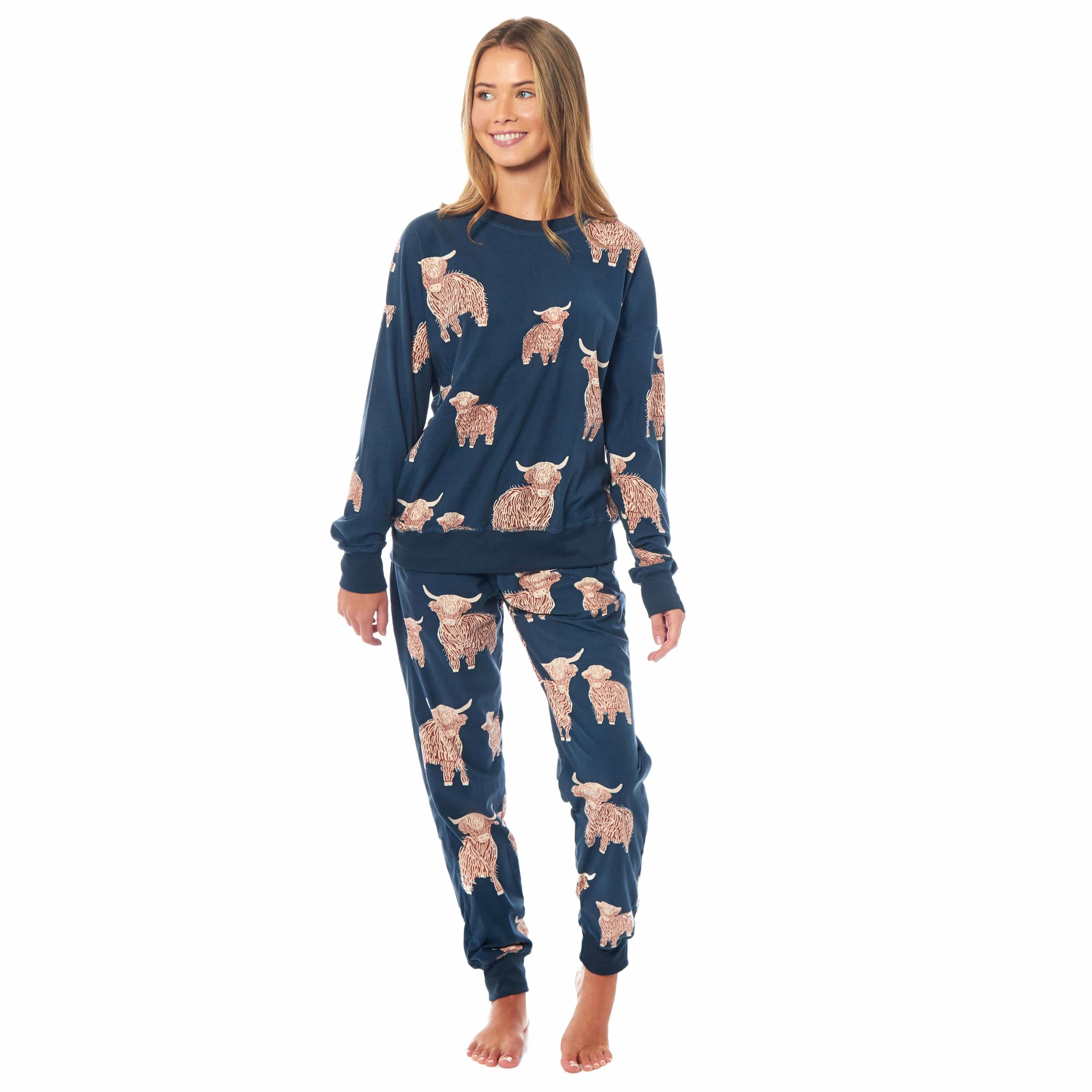 Women's Highland Cow Printed Soft Fleece Pyjama Set Long Sleeve Animal Warm PJs by Daisy Dreamer