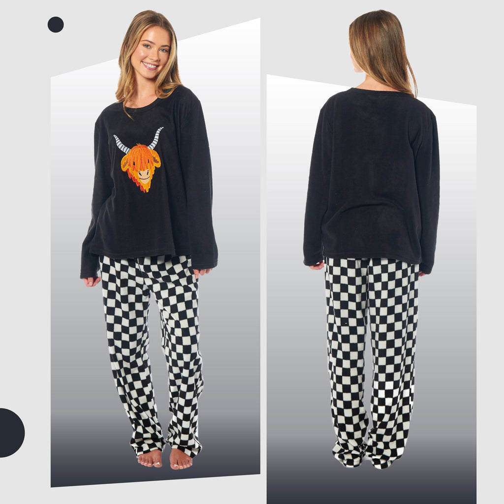 Women's Highland Cow Thermal Fleece Pyjamas Set Soft Warm Winter PJs Animal Print Loungewear Sleepwear Long Sleeve Top and Bottom by Daisy Dreamer