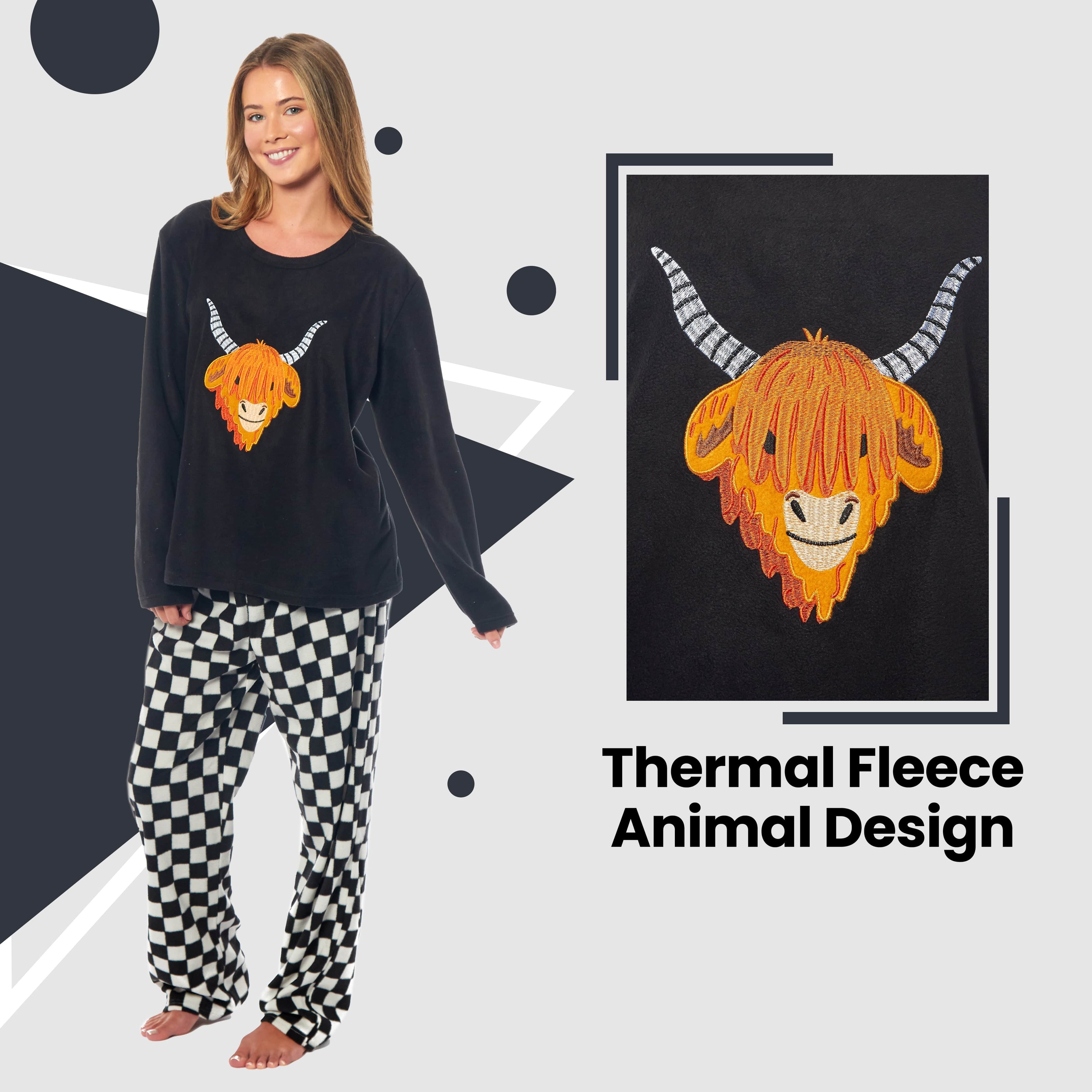 Women's Highland Cow Thermal Fleece Pyjamas Set Soft Warm Winter PJs Animal Print Loungewear Sleepwear Long Sleeve Top and Bottom by Daisy Dreamer