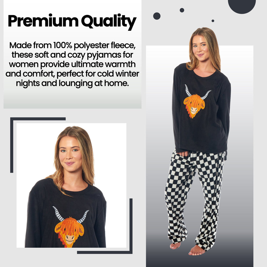 Women's Highland Cow Thermal Fleece Pyjamas Set Soft Warm Winter PJs Animal Print Loungewear Sleepwear Long Sleeve Top and Bottom by Daisy Dreamer