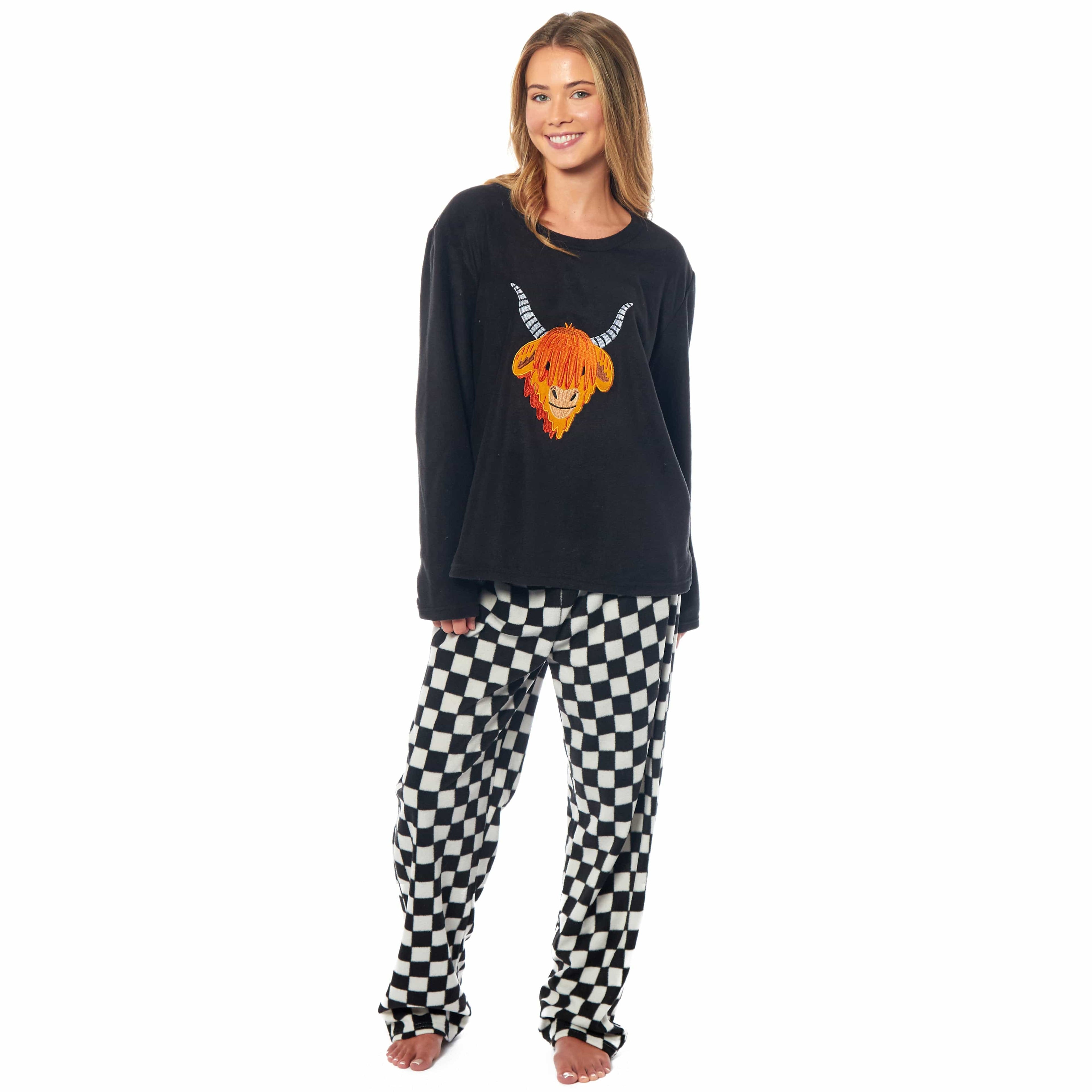 Women's Highland Cow Thermal Fleece Pyjamas Set Soft Warm Winter PJs Animal Print Loungewear by Daisy Dreamer