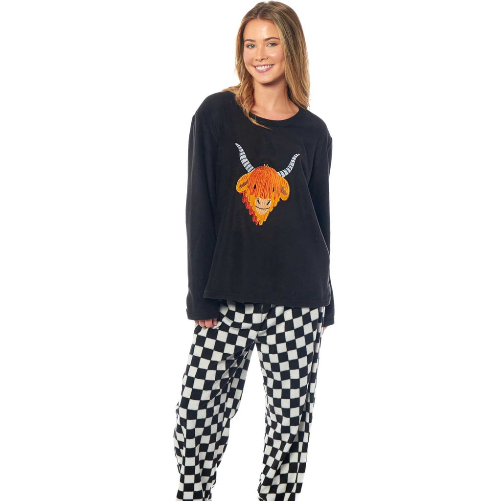 Women's Highland Cow Thermal Fleece Pyjamas Set Soft Warm Winter PJs Animal Print Loungewear by Daisy Dreamer